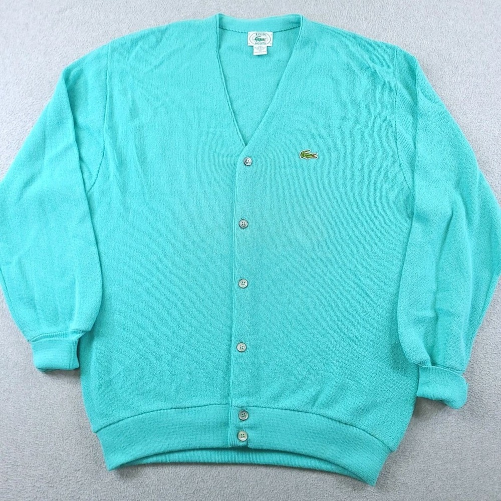Vintage Izod Lacoste Cardigan Mens XL Aqua Blue Acrylic Sweater Made in USA